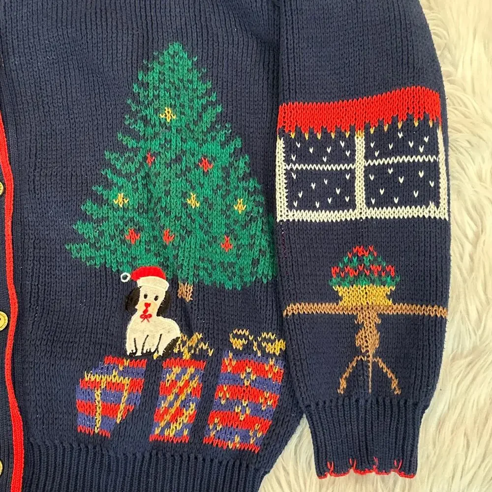 Vintage Christmas Cat Sweater Ugly Xmas Tree Dog Puff Sleeve Chunky Cardigan 90s - Picture 4 of 8